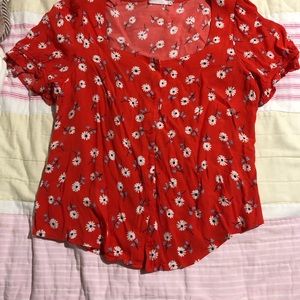 Red floral button front top